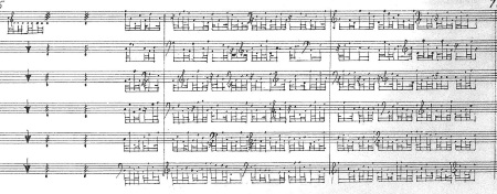 LES PLEIADES DE IANNIS XENAKIS (Métaux mesures 75 à 77) © Editions Salabert. Reproduit avec l’aimable autorisation de MGB Hal Leonard